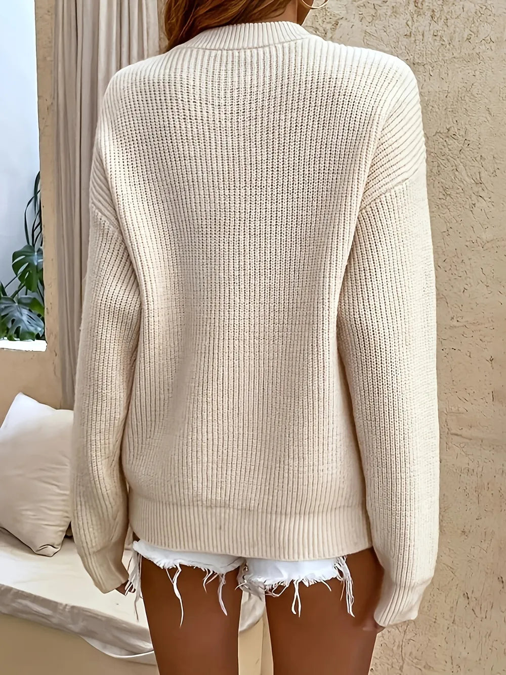 Solid color half cardigan buttoned pullover sweater new casual knit sweater top - Korvel
