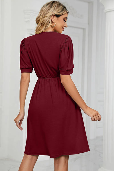 Solid color lace patchwork V-neck short sleeved pocket waist cinching dress - Korvel