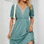 Solid color lace patchwork V-neck short sleeved pocket waist cinching dress - Korvel
