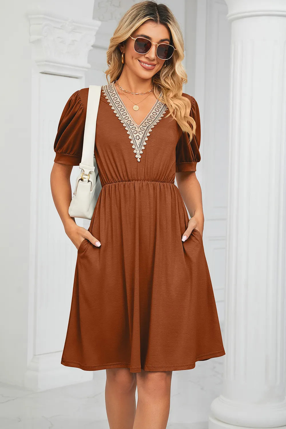 Solid color lace patchwork V-neck short sleeved pocket waist cinching dress - Korvel