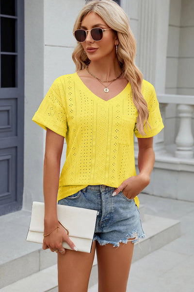 Solid color pocket V-neck loose short sleeved T-shirt top for women - Korvel