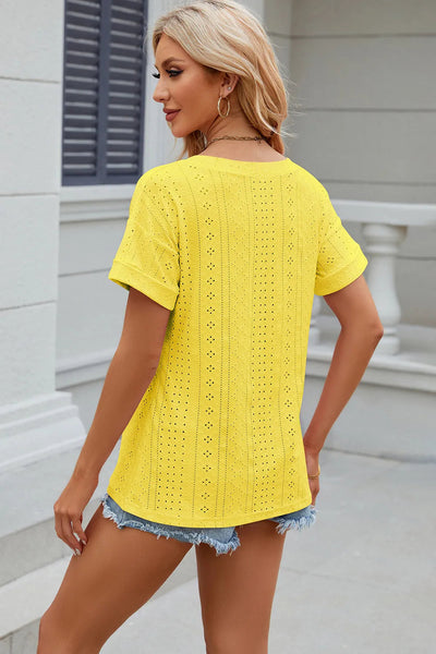 Solid color pocket V-neck loose short sleeved T-shirt top for women - Korvel