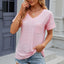 Solid color pocket V-neck loose short sleeved T-shirt top for women - Korvel