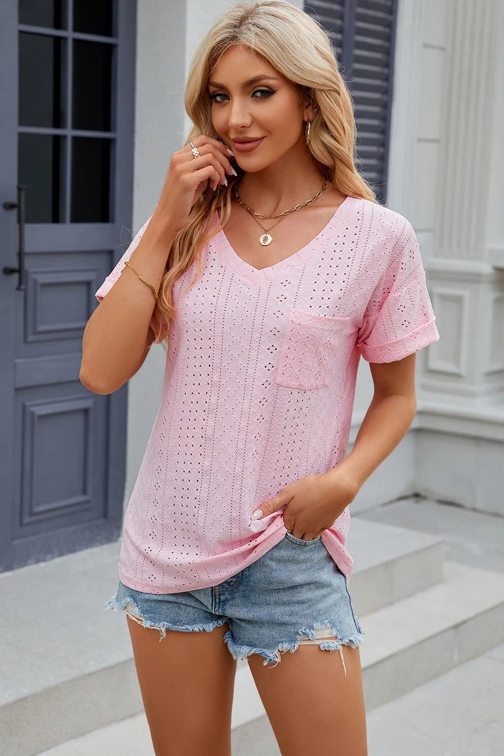 Solid color pocket V-neck loose short sleeved T-shirt top for women - Korvel