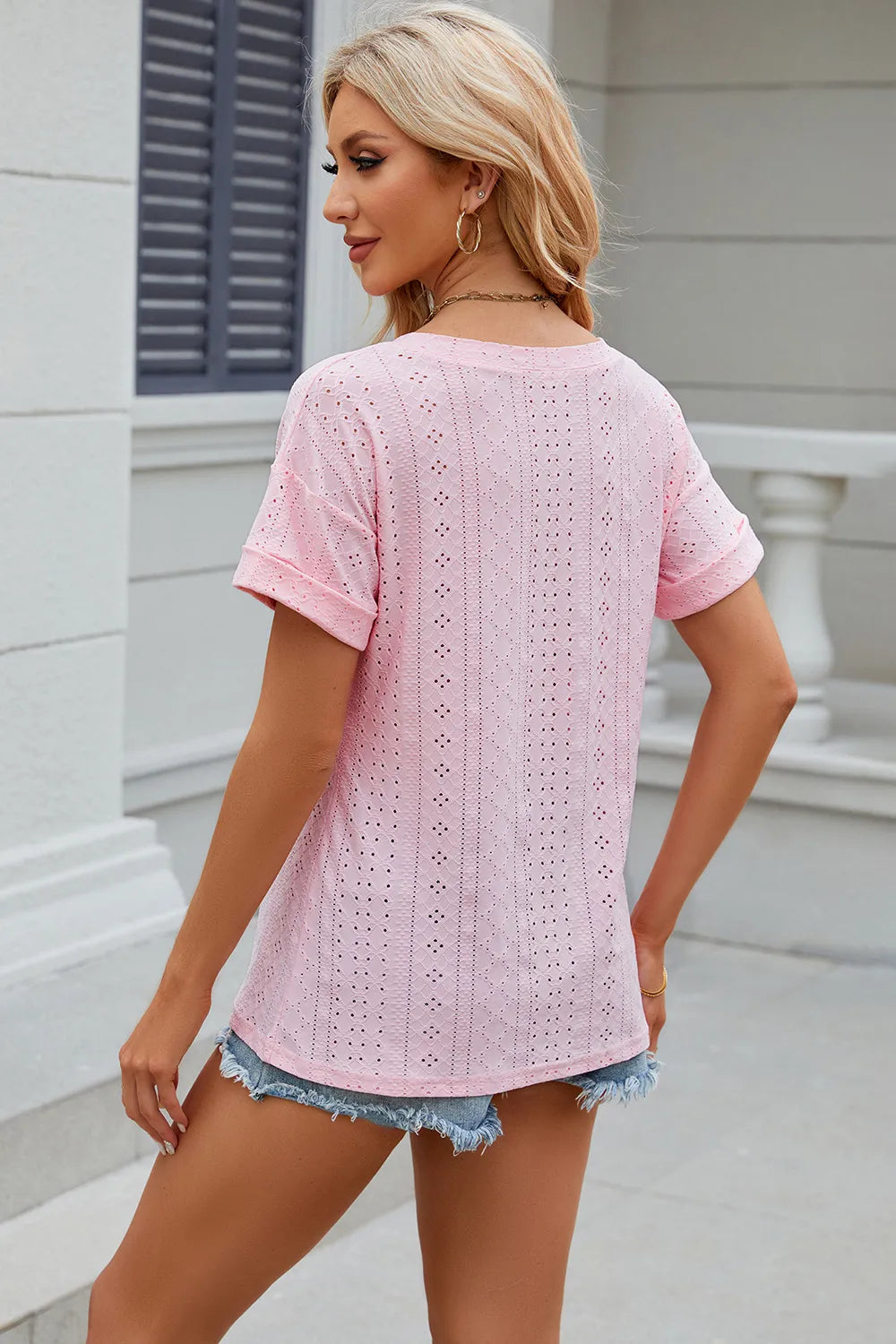 Solid color pocket V-neck loose short sleeved T-shirt top for women - Korvel