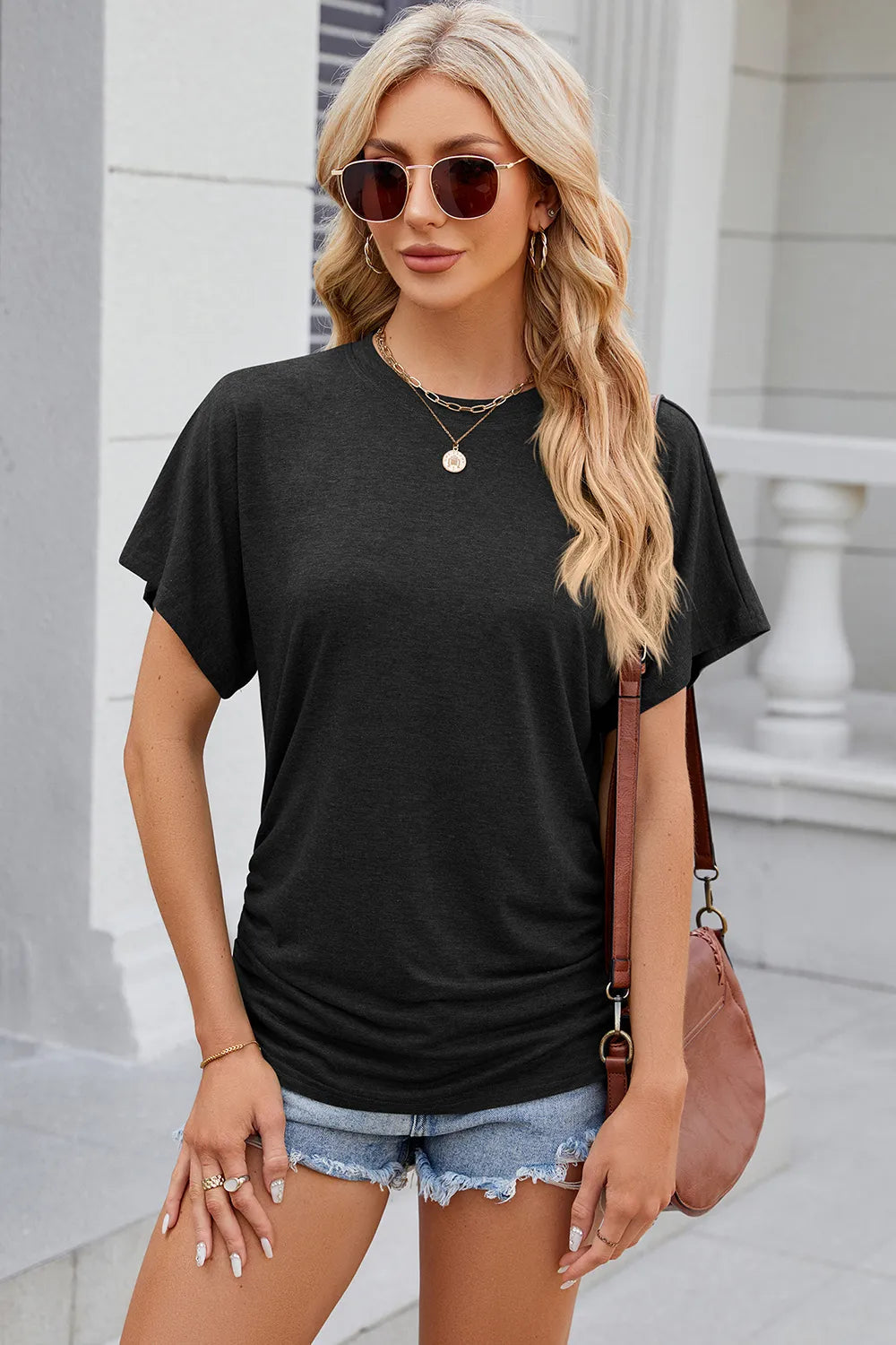 Camiseta de Mujer de Cuello Redondo Suelta de Color Sólido con Manga Corta
