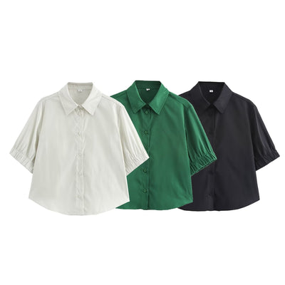 Solid color short shirt wide swing MIDI skirt - Korvel