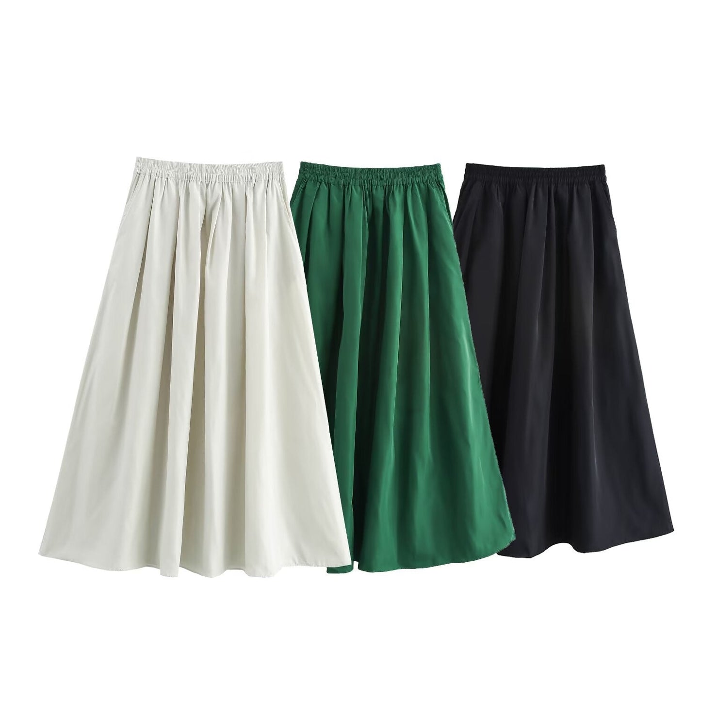 Solid color short shirt wide swing MIDI skirt - Korvel