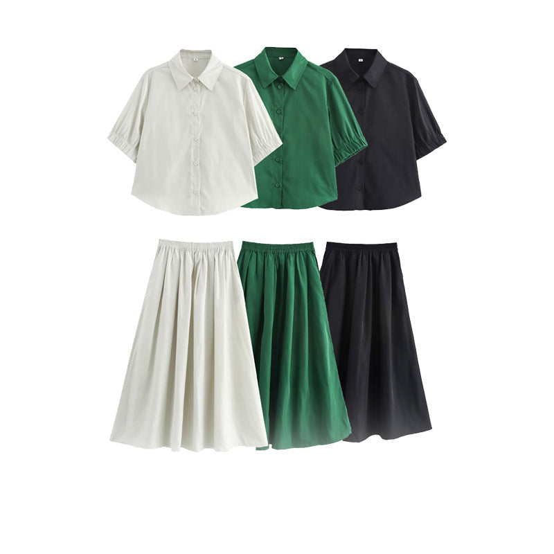 Solid color short shirt wide swing MIDI skirt - Korvel