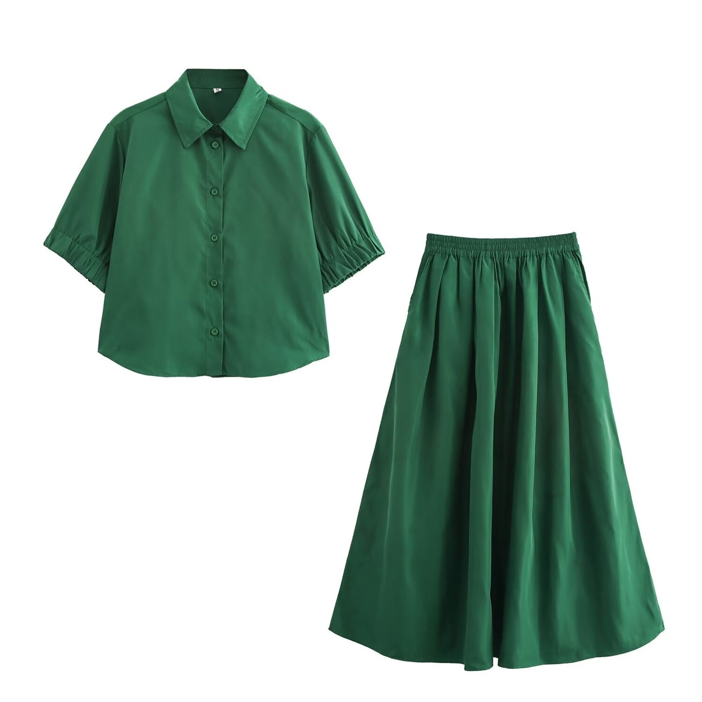 Solid color short shirt wide swing MIDI skirt - Korvel