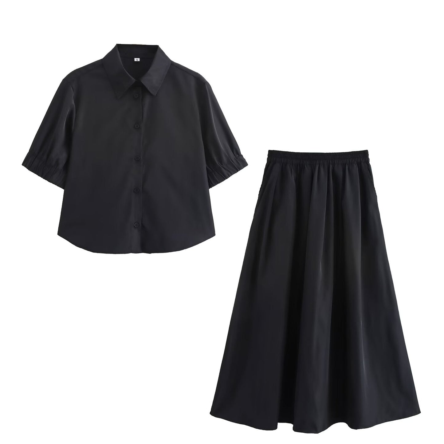 Solid color short shirt wide swing MIDI skirt - Korvel