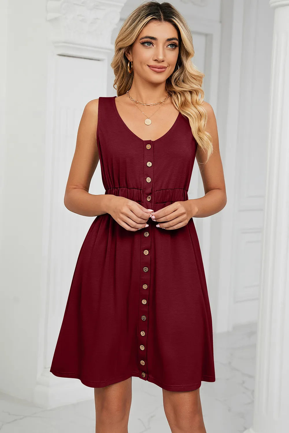 Solid color sleeveless button pocket round neck split waist dress - Korvel