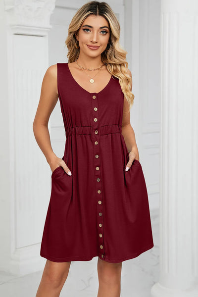 Solid color sleeveless button pocket round neck split waist dress - Korvel