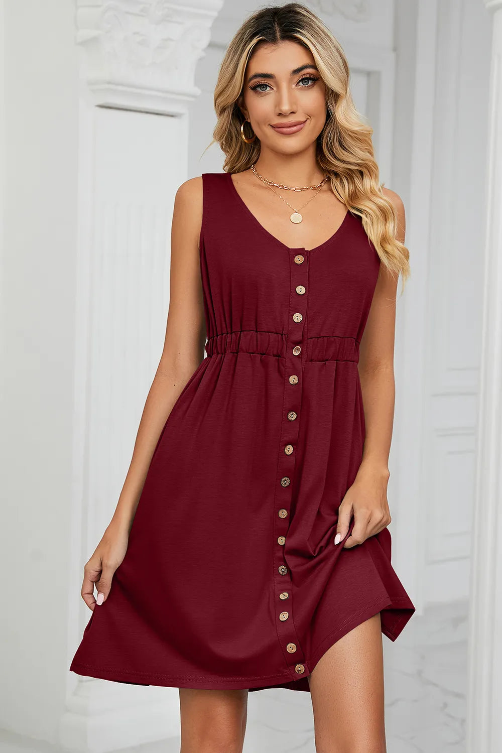 Solid color sleeveless button pocket round neck split waist dress - Korvel
