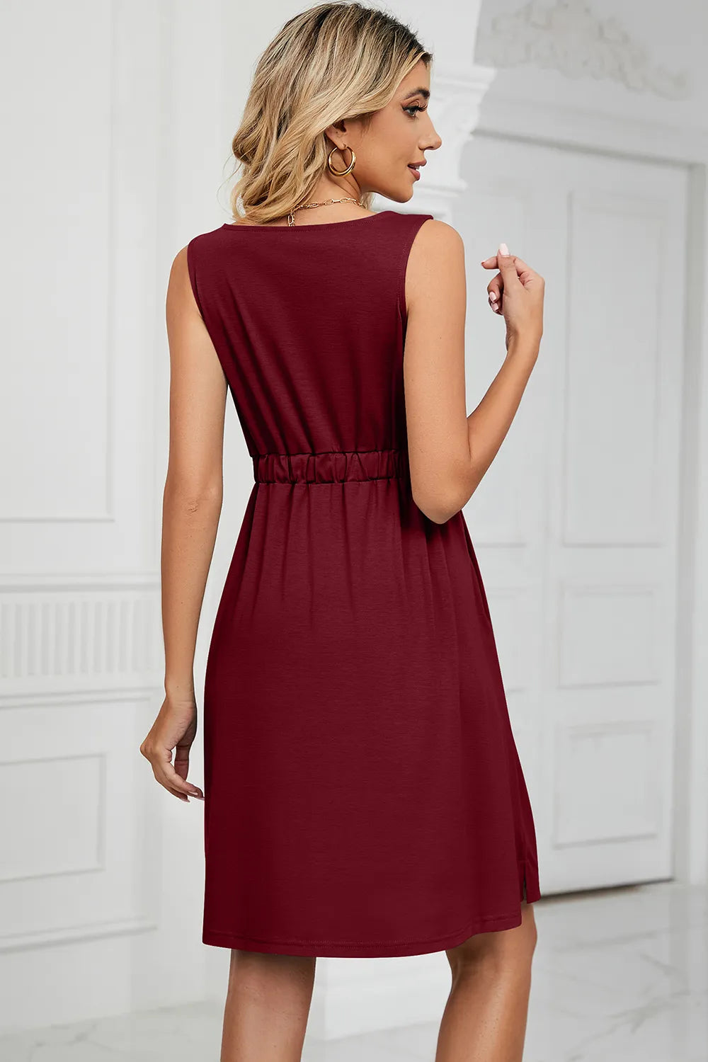 Solid color sleeveless button pocket round neck split waist dress - Korvel