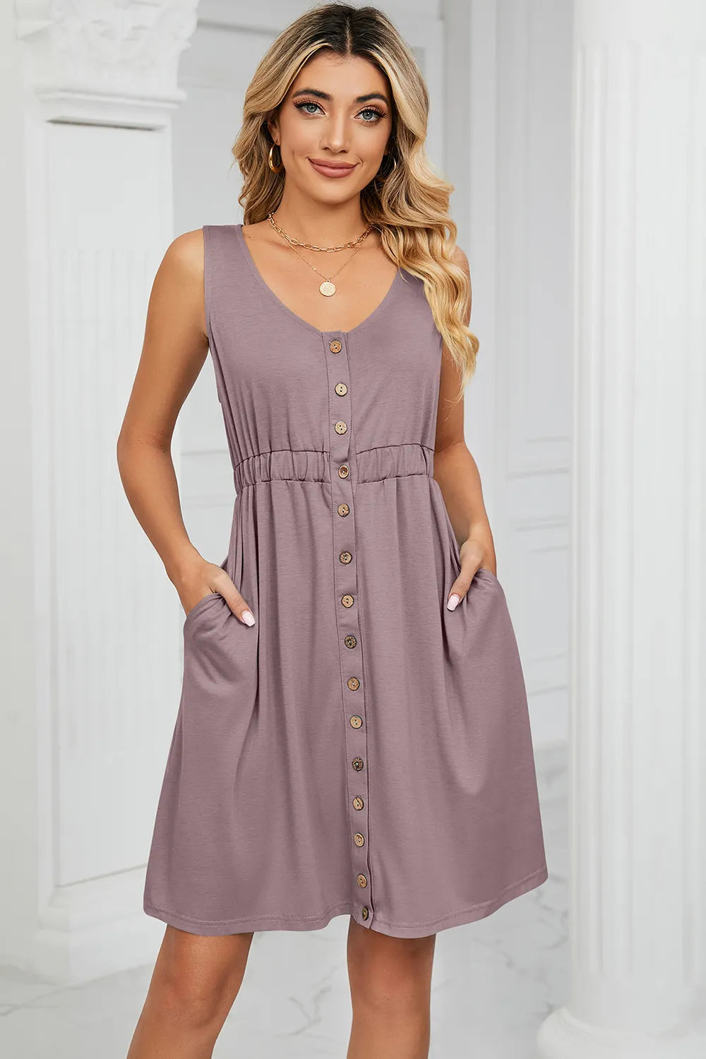 Solid color sleeveless button pocket round neck split waist dress - Korvel