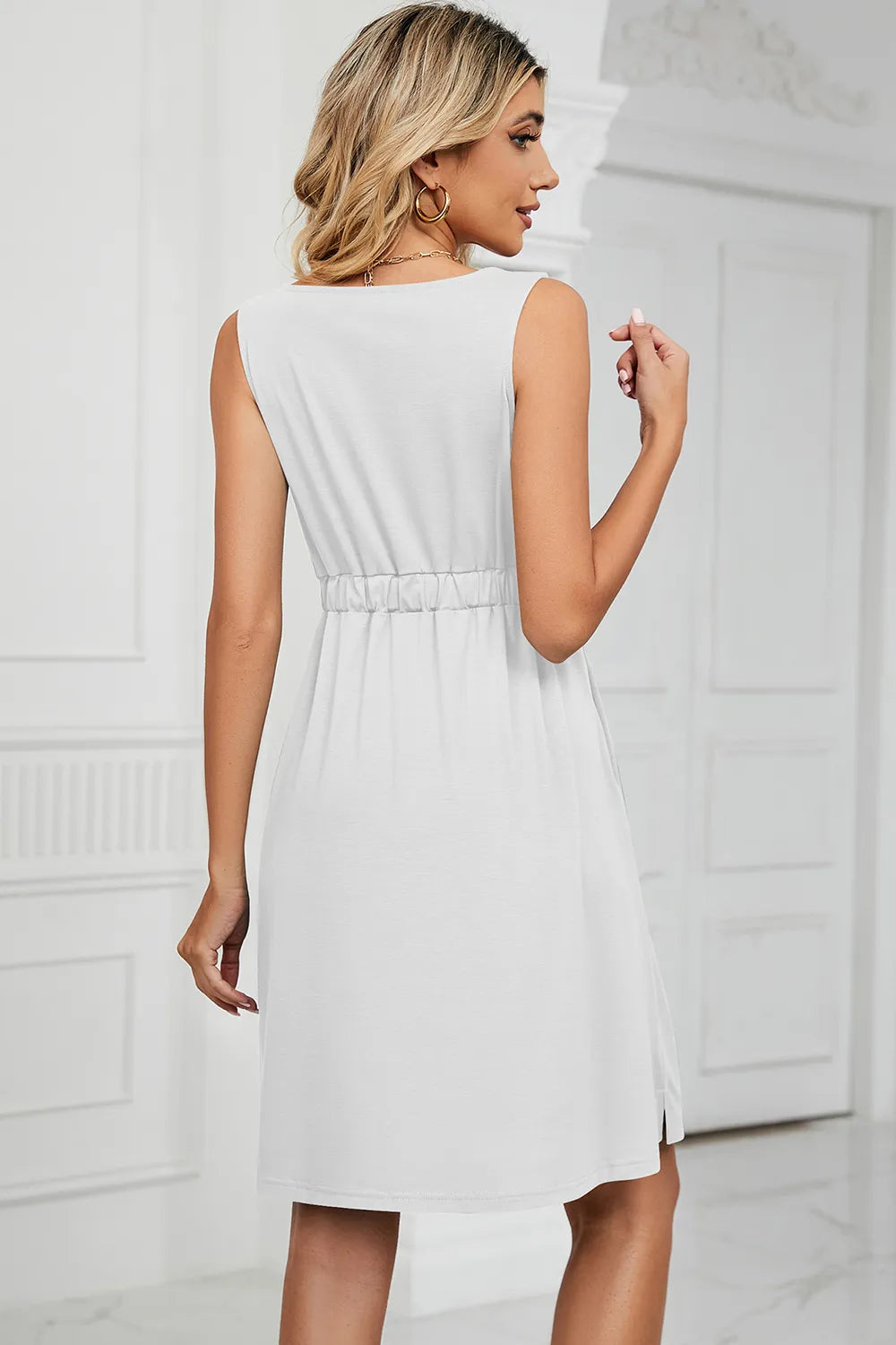 Solid color sleeveless button pocket round neck split waist dress - Korvel