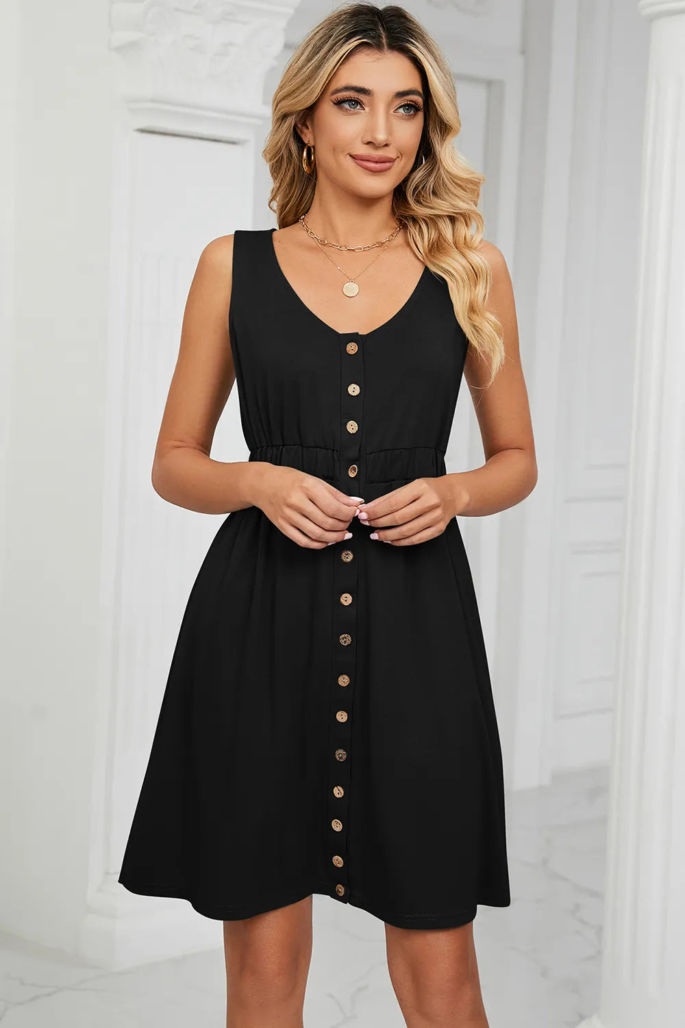 Solid color sleeveless button pocket round neck split waist dress - Korvel