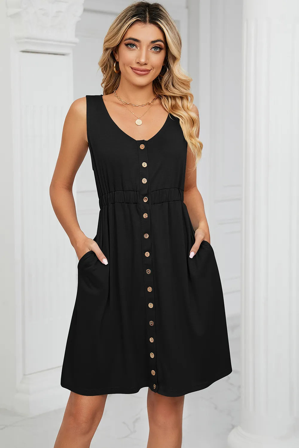 Solid color sleeveless button pocket round neck split waist dress - Korvel