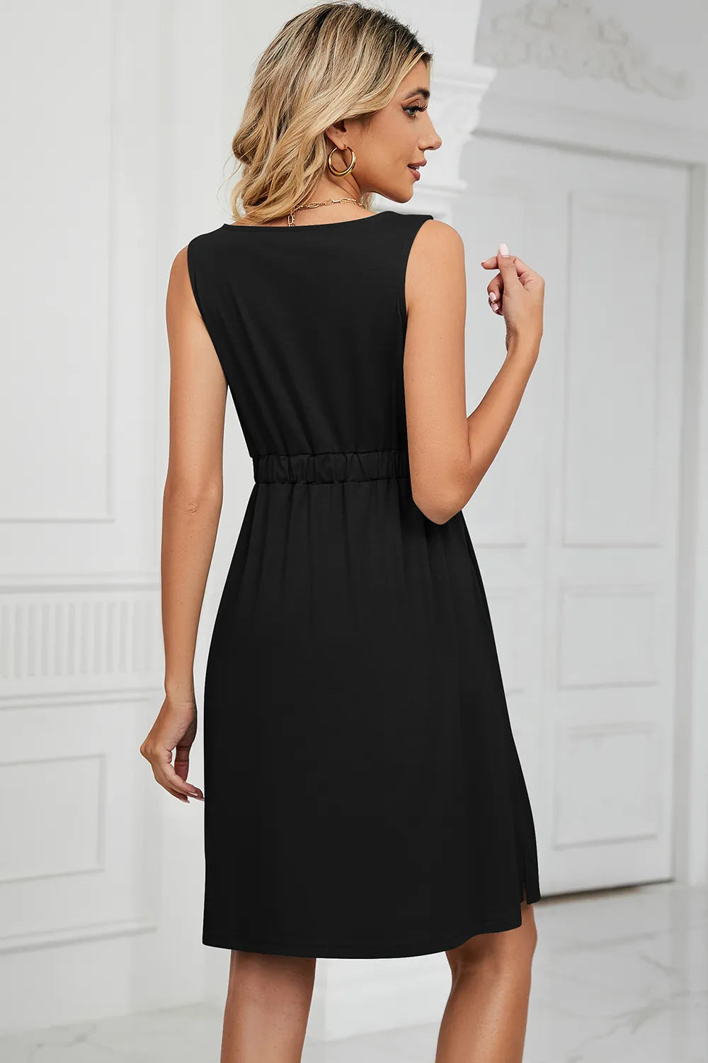 Solid color sleeveless button pocket round neck split waist dress - Korvel