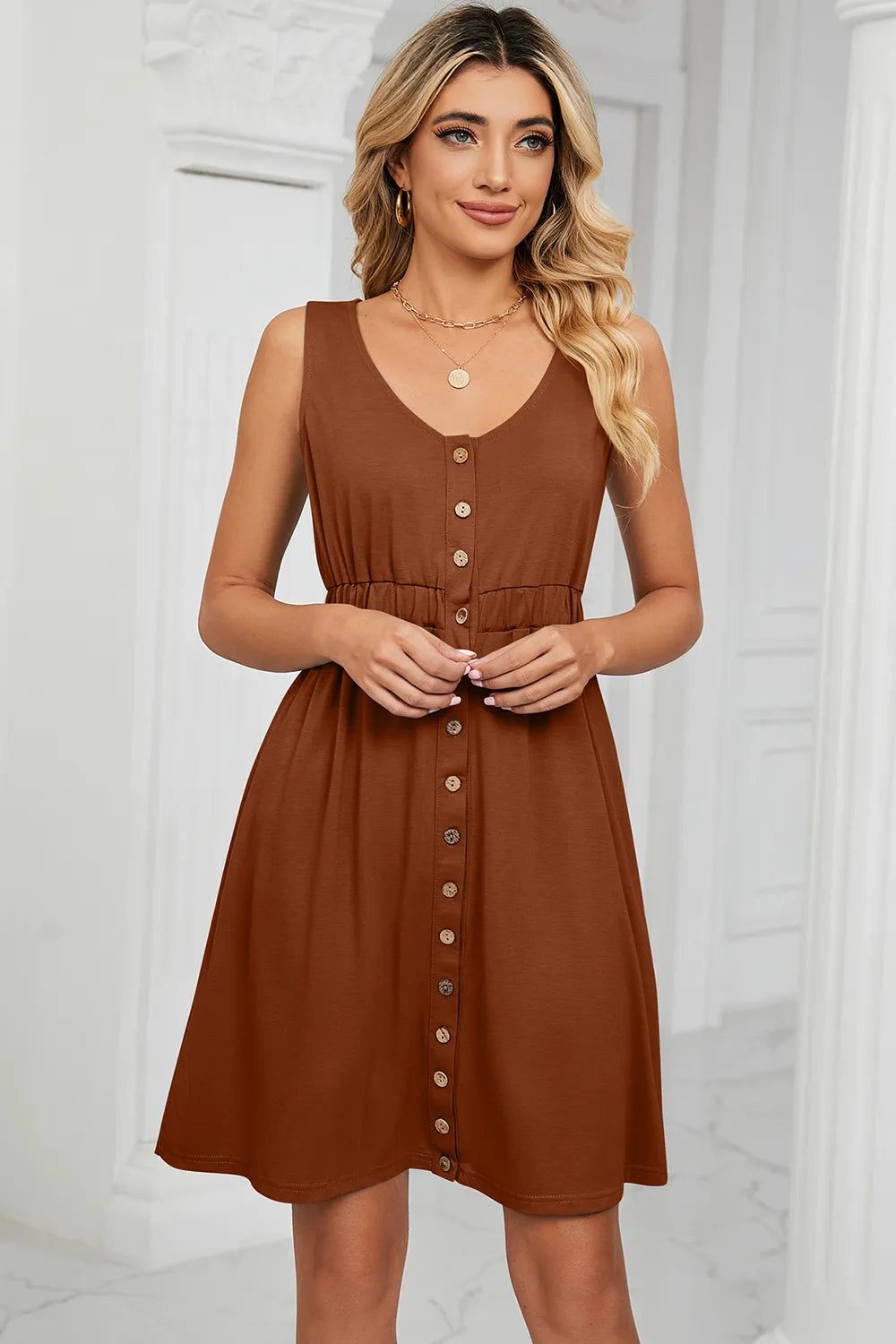 Solid color sleeveless button pocket round neck split waist dress - Korvel