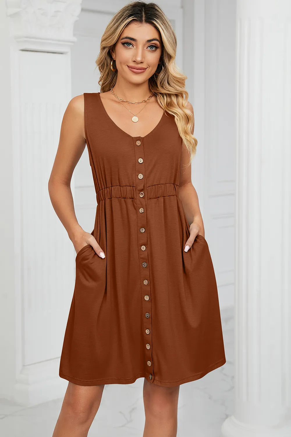Solid color sleeveless button pocket round neck split waist dress - Korvel