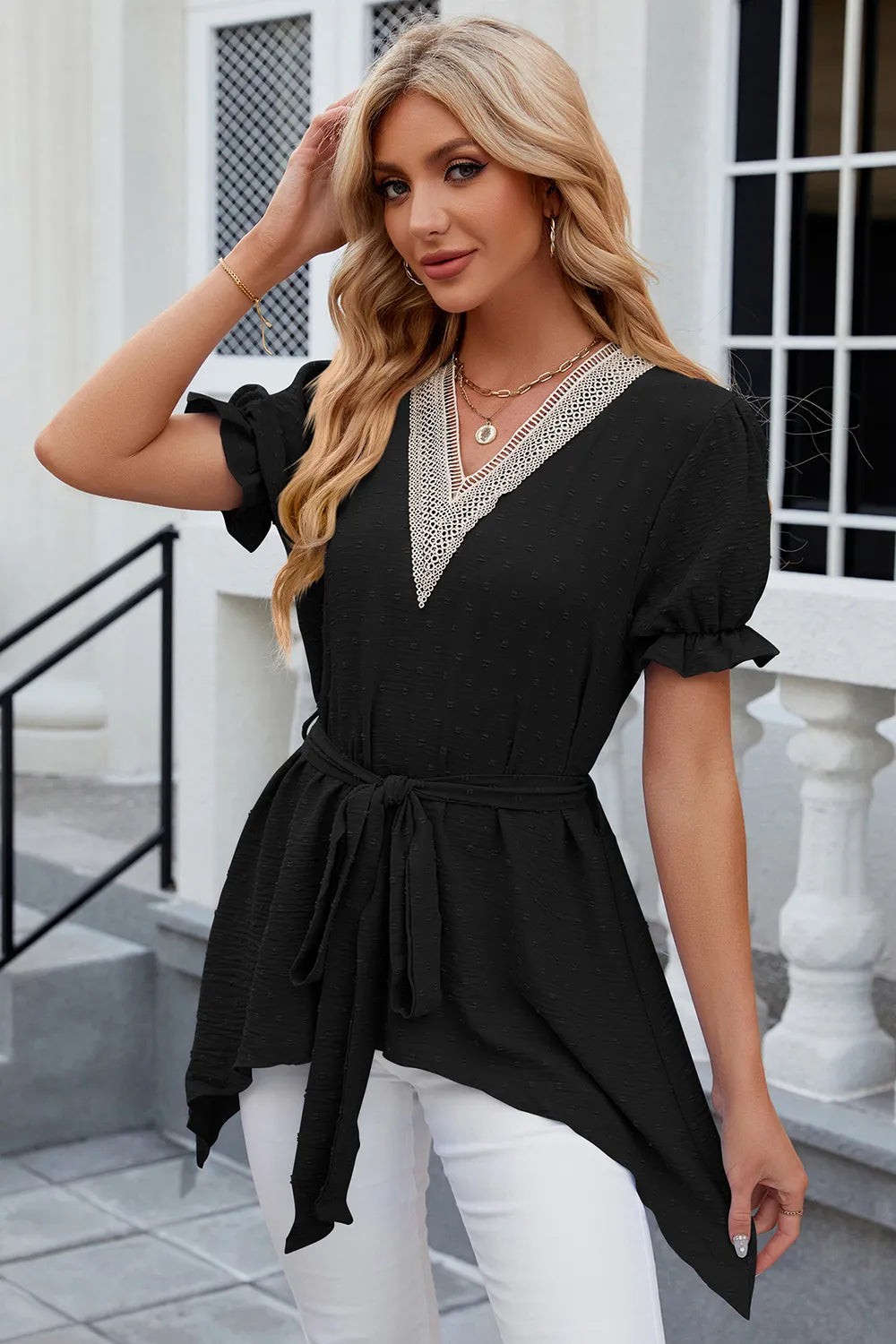 Solid color V-neck lace patchwork loose short sleeved dress - Korvel