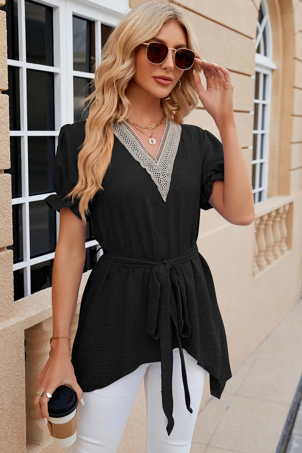 Solid color V-neck lace patchwork loose short sleeved dress - Korvel
