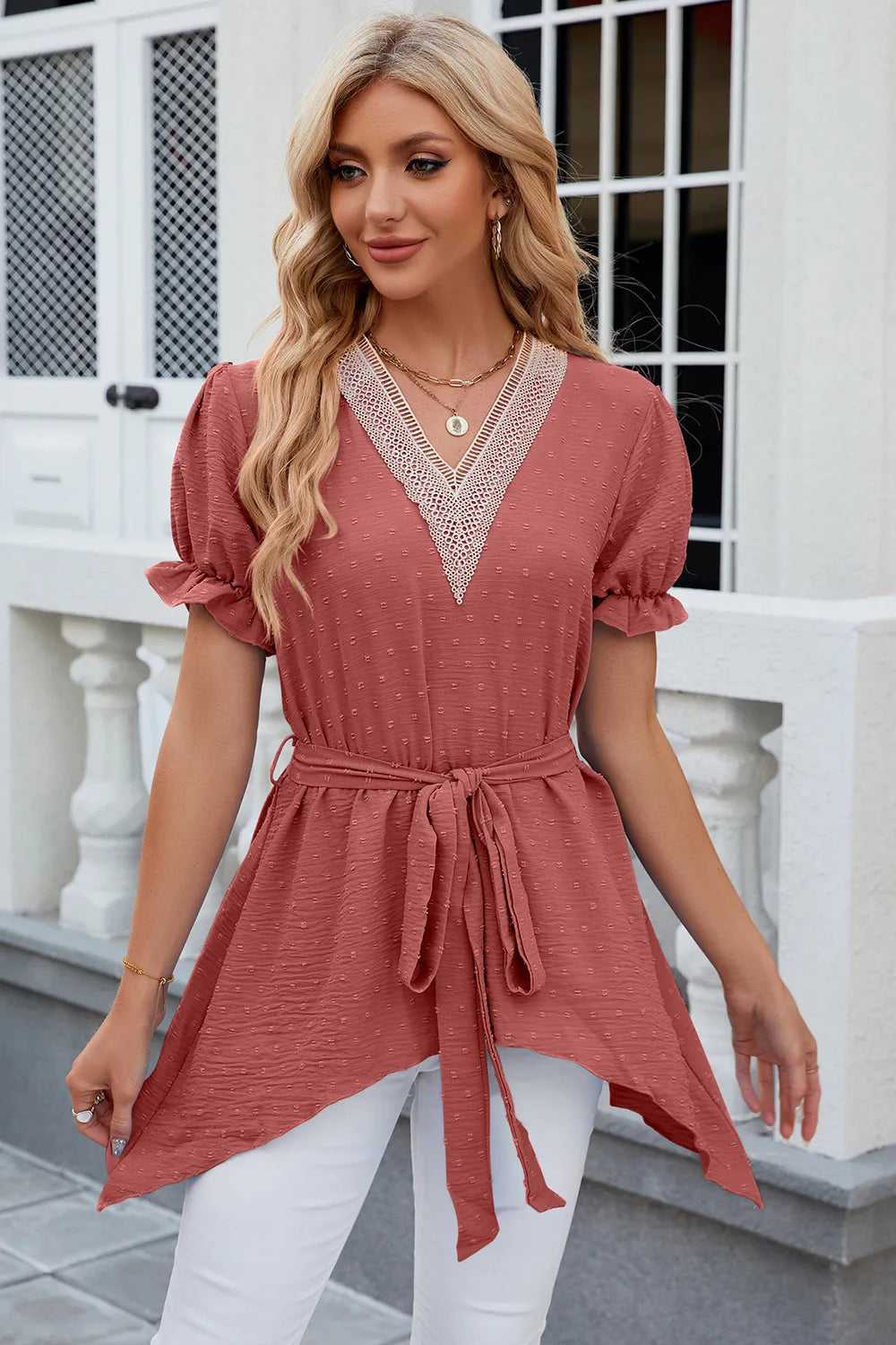 Solid color V-neck lace patchwork loose short sleeved dress - Korvel