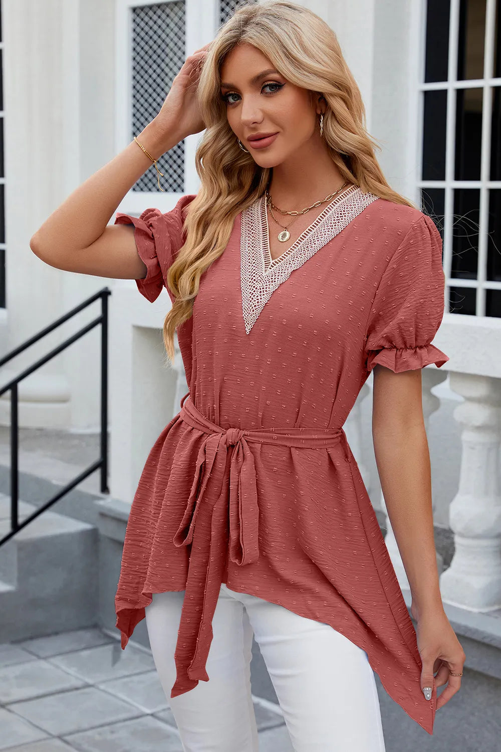 Solid color V-neck lace patchwork loose short sleeved dress - Korvel