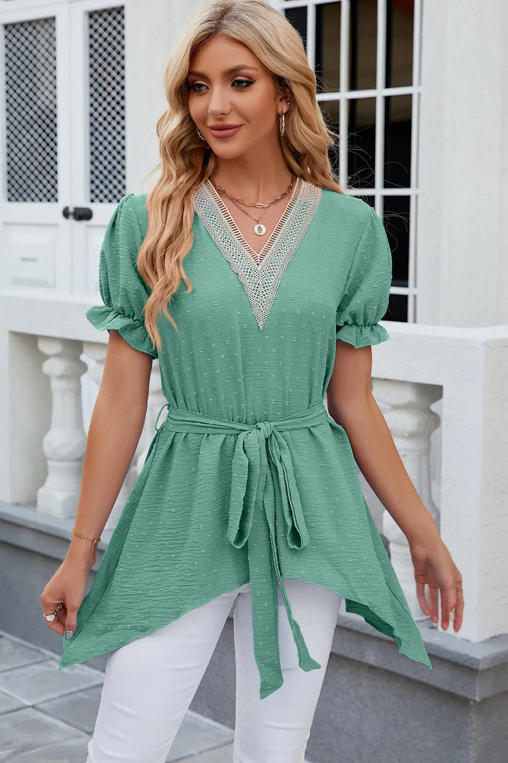 Solid color V-neck lace patchwork loose short sleeved dress - Korvel