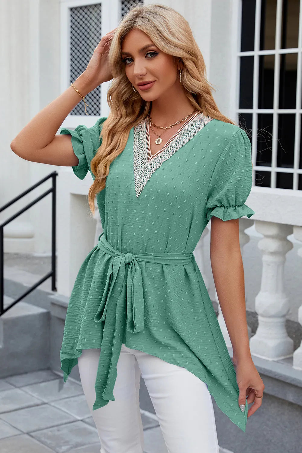 Solid color V-neck lace patchwork loose short sleeved dress - Korvel