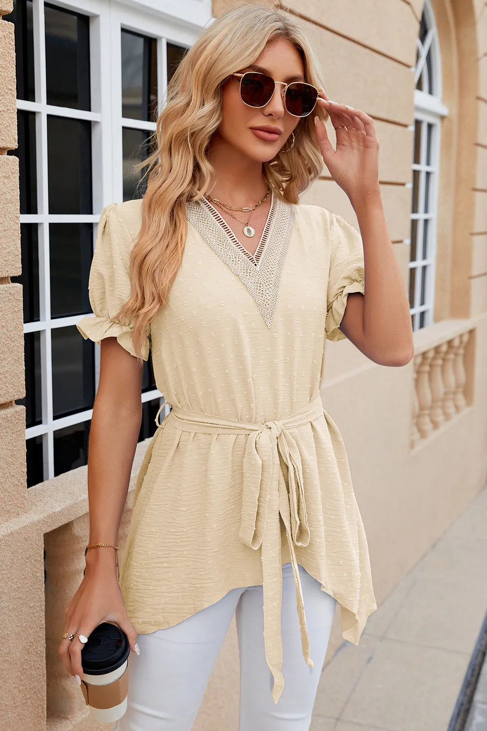 Solid color V-neck lace patchwork loose short sleeved dress - Korvel