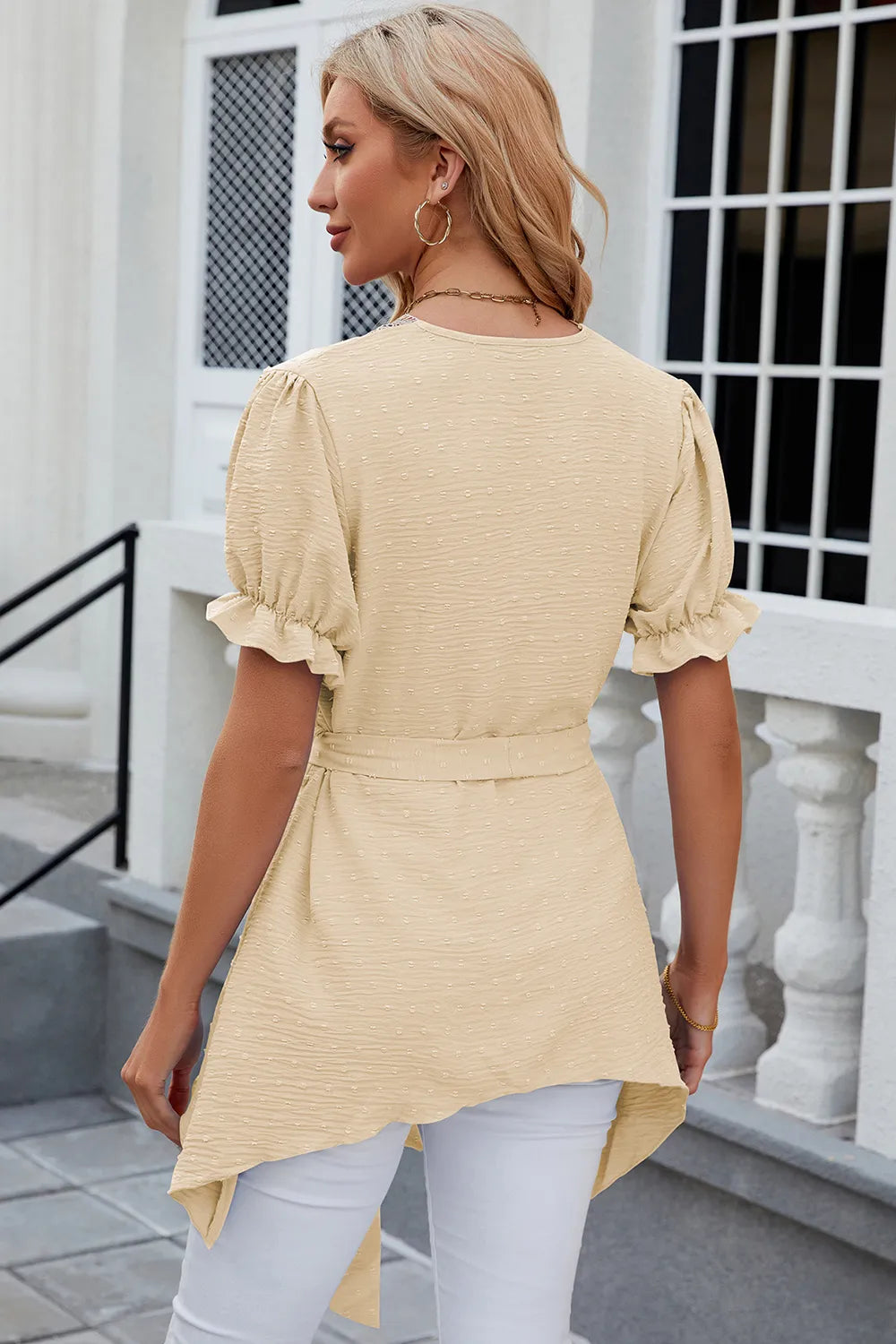 Solid color V-neck lace patchwork loose short sleeved dress - Korvel