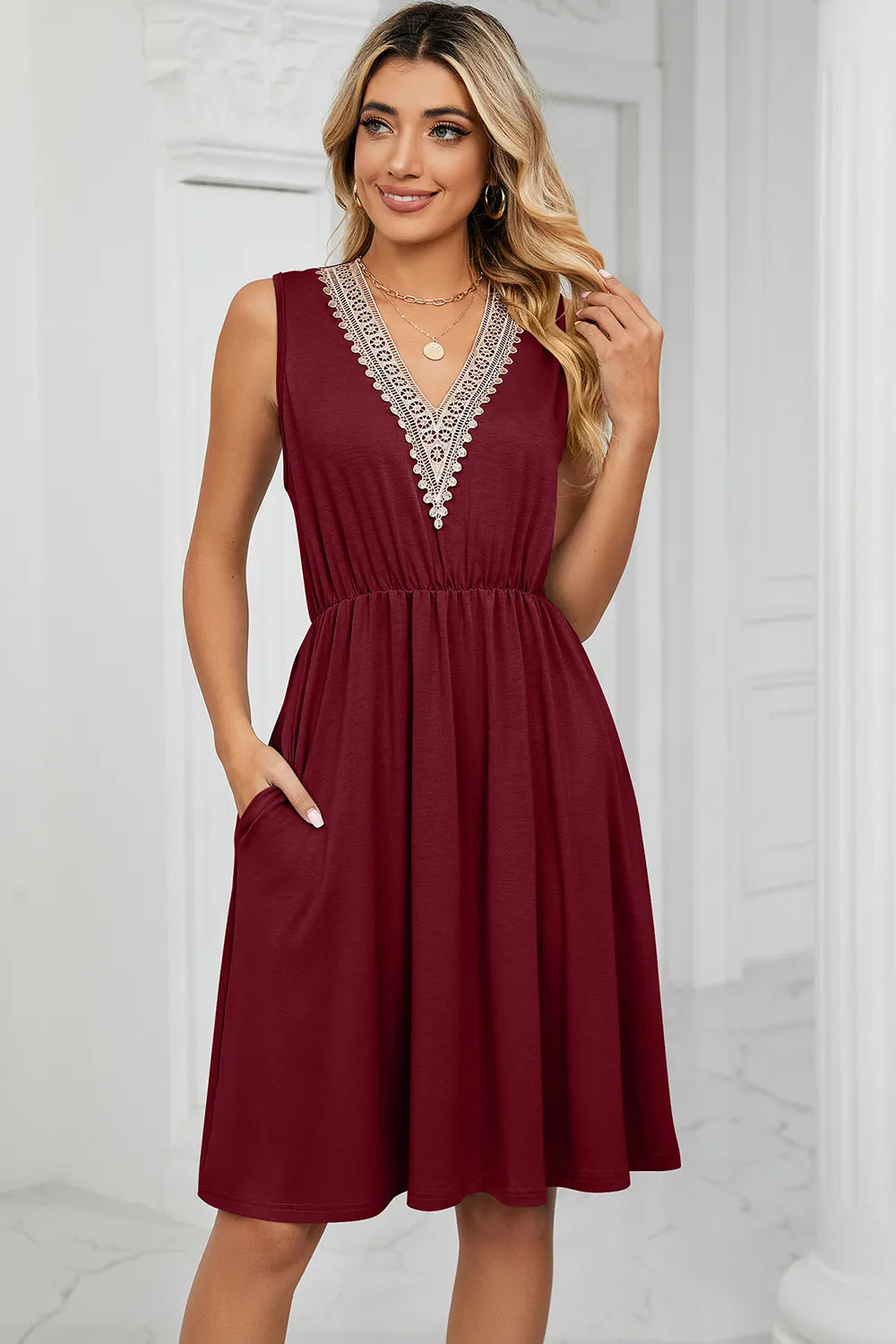 Solid color V-neck lace patchwork sleeveless pocket waist cinching dress - Korvel
