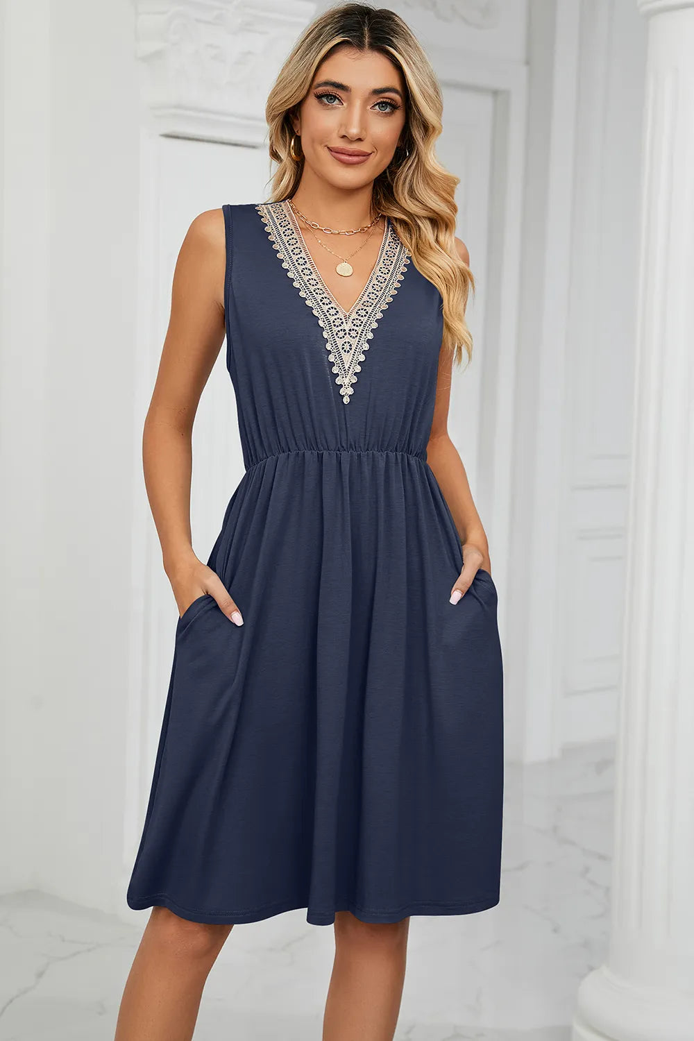 Solid color V-neck lace patchwork sleeveless pocket waist cinching dress - Korvel