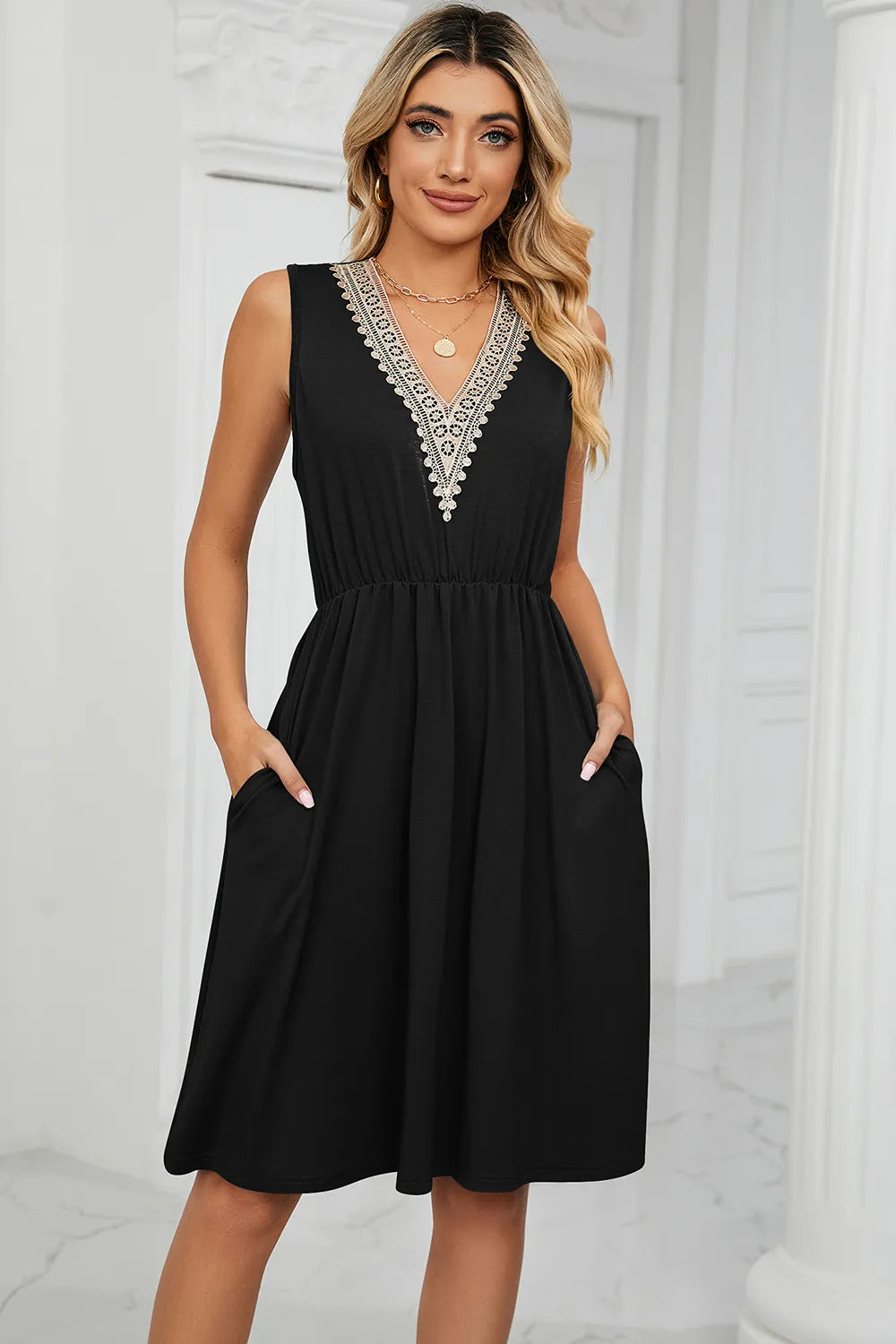 Solid color V-neck lace patchwork sleeveless pocket waist cinching dress - Korvel