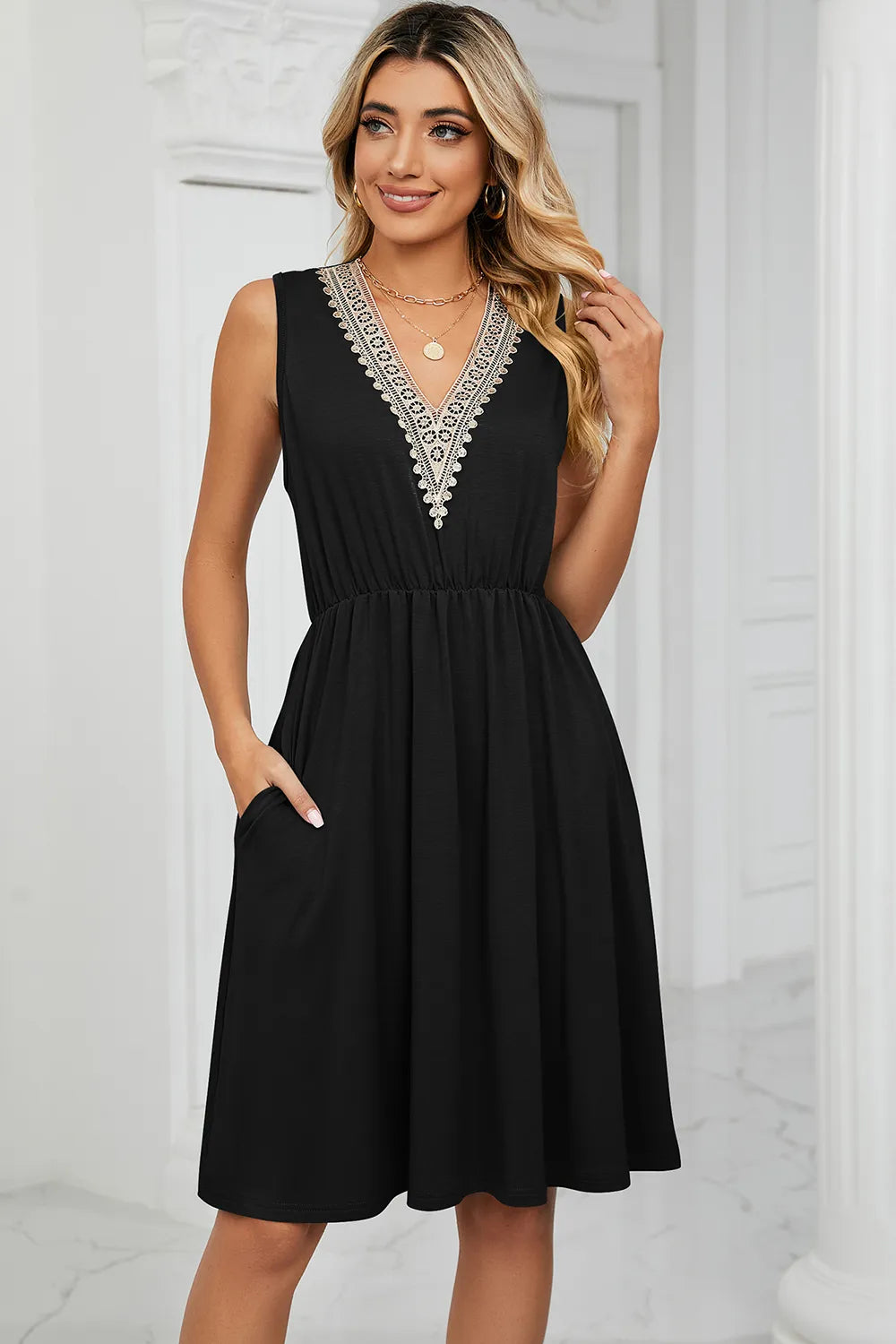 Solid color V-neck lace patchwork sleeveless pocket waist cinching dress - Korvel