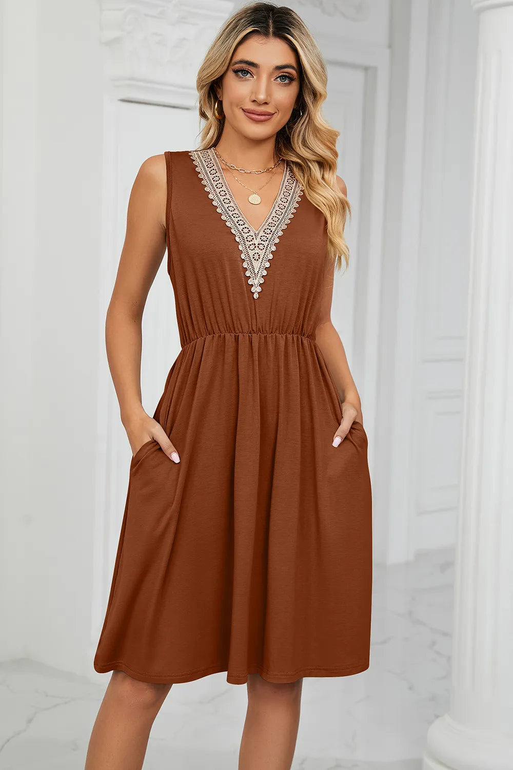 Solid color V-neck lace patchwork sleeveless pocket waist cinching dress - Korvel