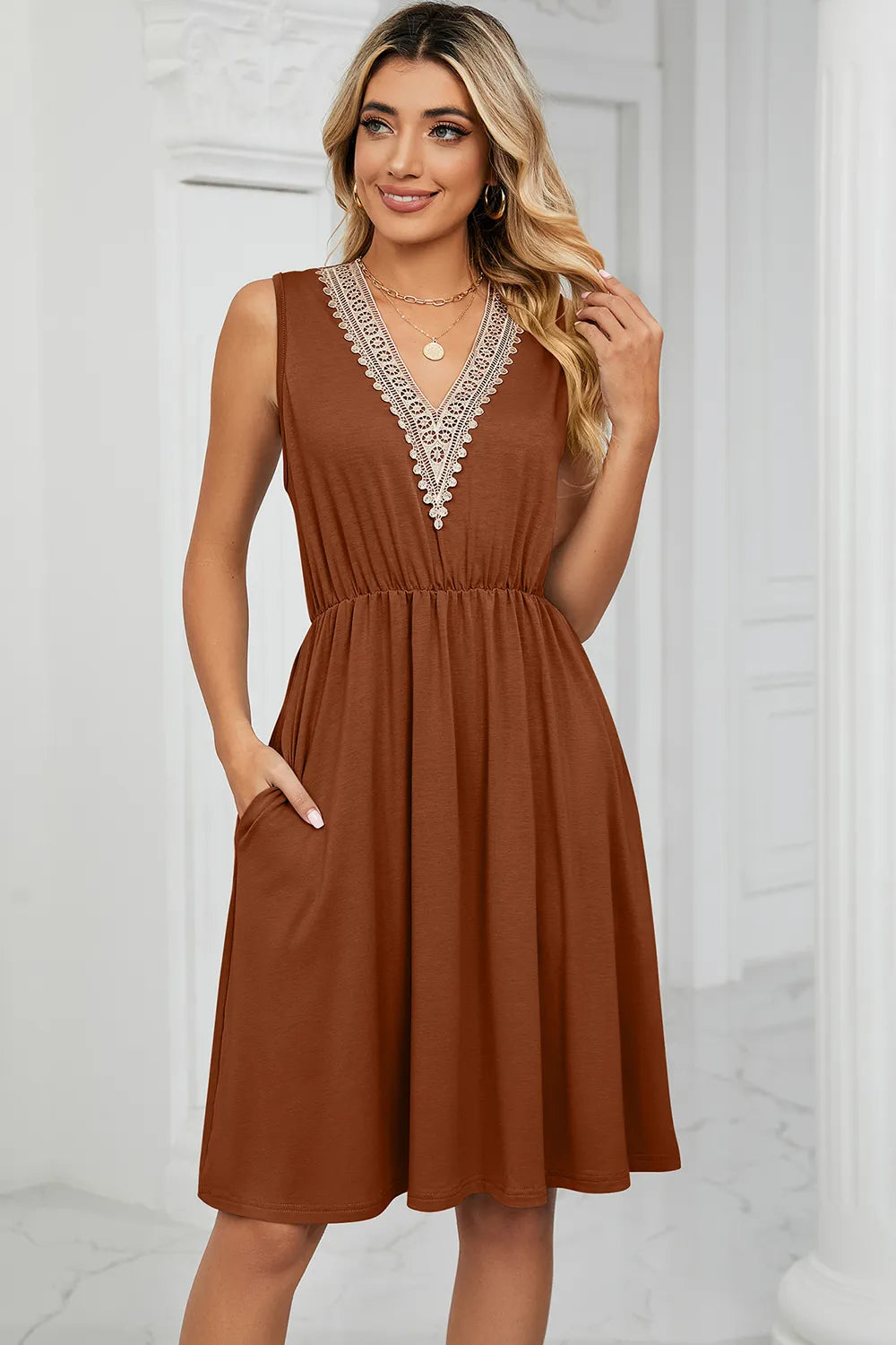 Solid color V-neck lace patchwork sleeveless pocket waist cinching dress - Korvel