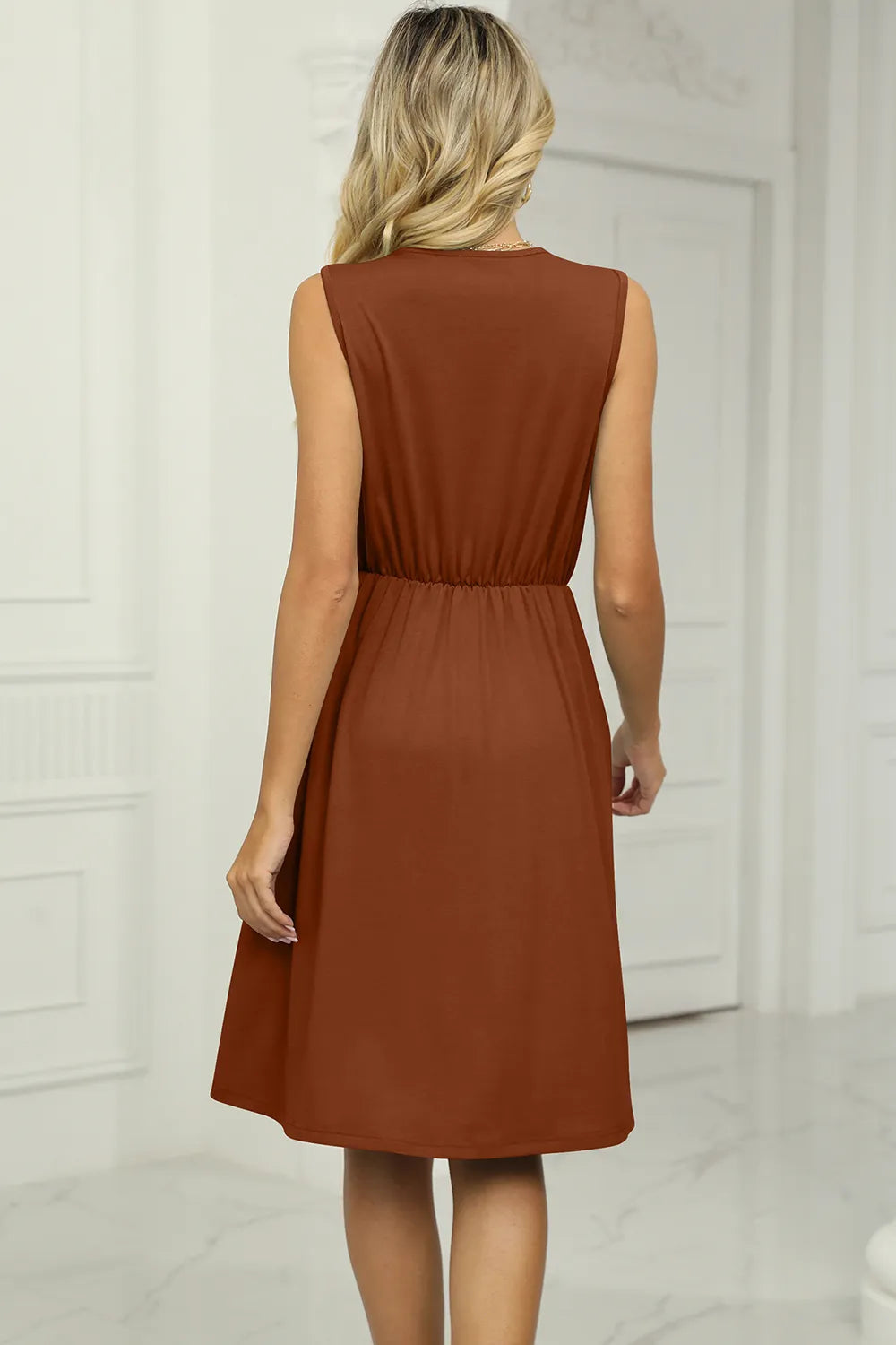 Solid color V-neck lace patchwork sleeveless pocket waist cinching dress - Korvel