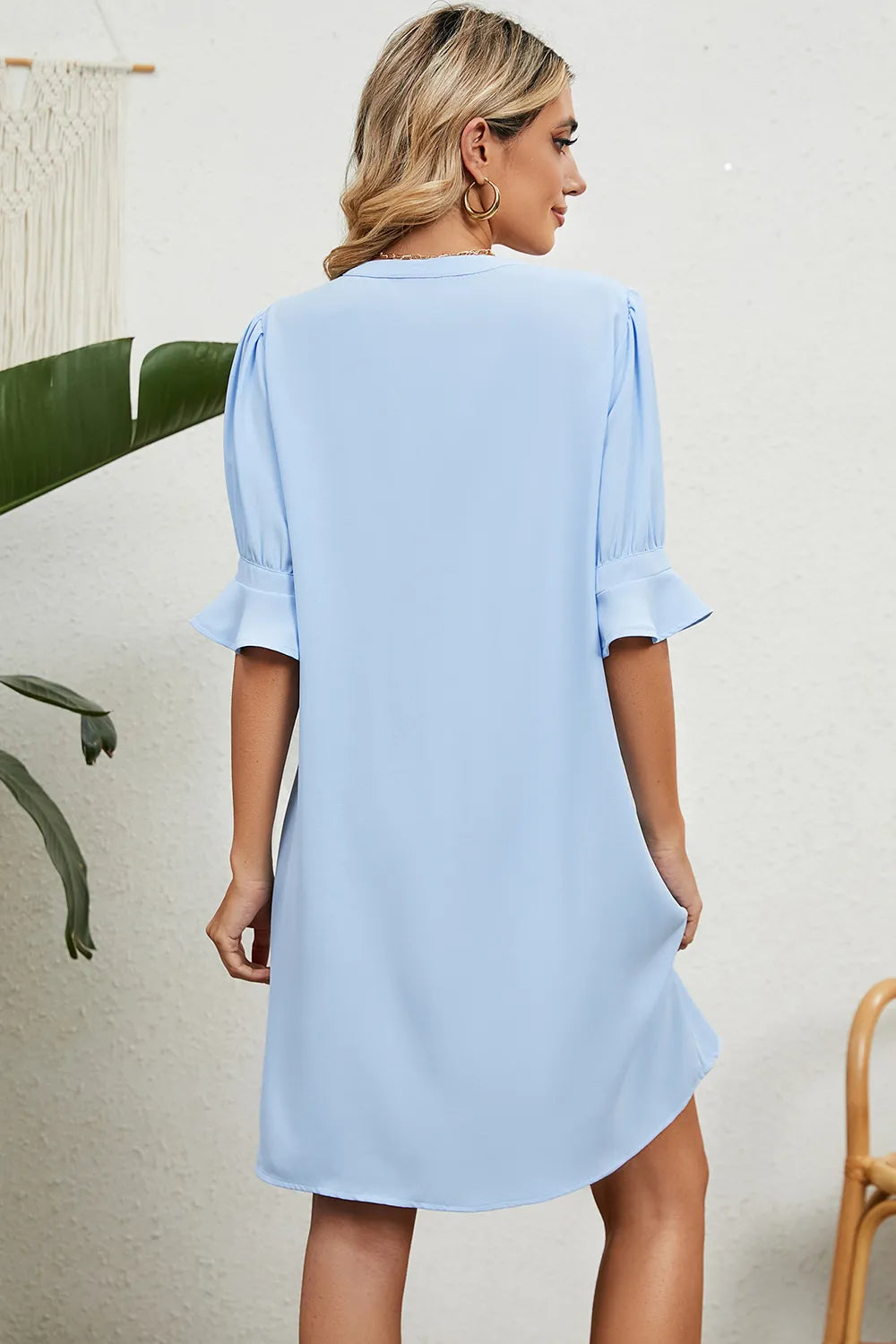 Solid color V-neck loose pleated five quarter sleeve dress for women - Korvel