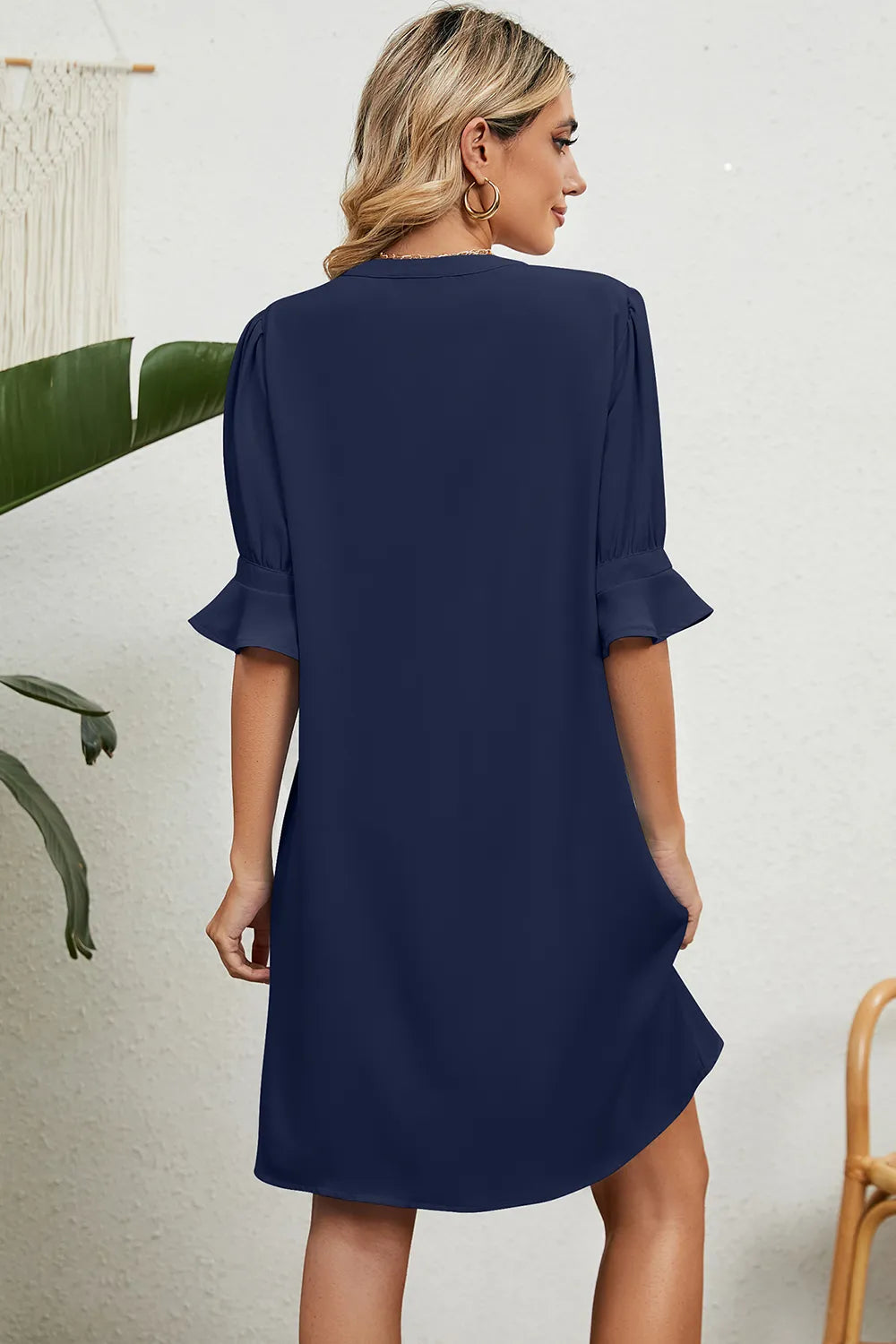 Solid color V-neck loose pleated five quarter sleeve dress for women - Korvel