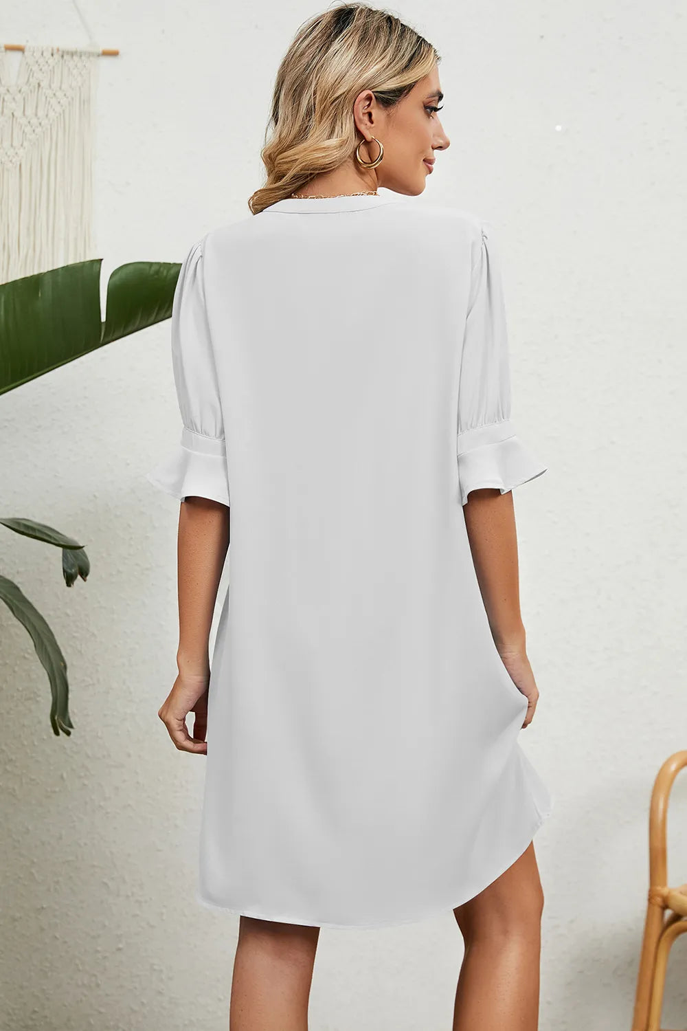 Solid color V-neck loose pleated five quarter sleeve dress for women - Korvel