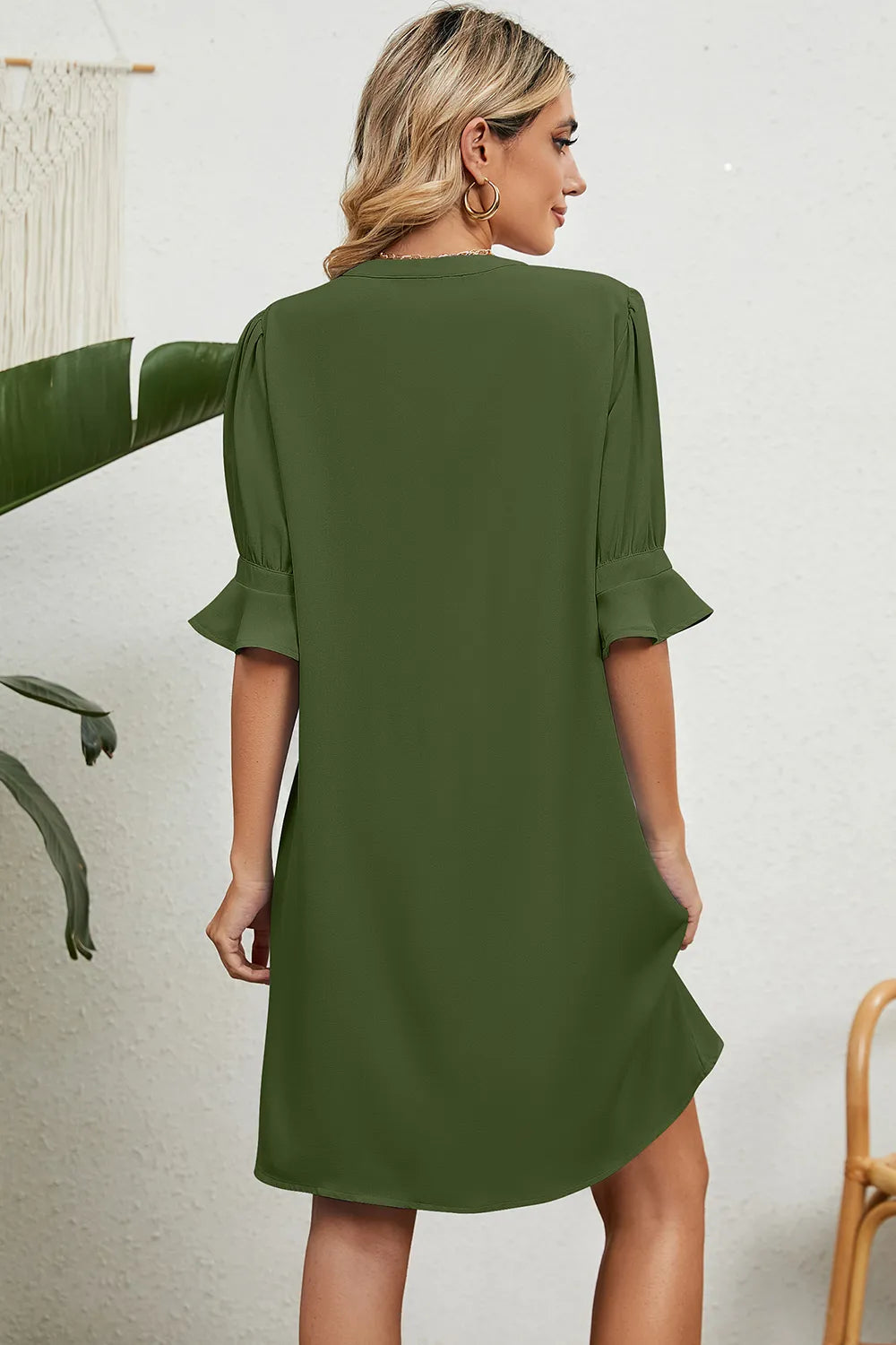 Solid color V-neck loose pleated five quarter sleeve dress for women - Korvel