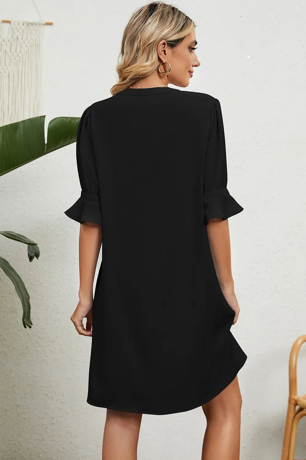 Solid color V-neck loose pleated five quarter sleeve dress for women - Korvel