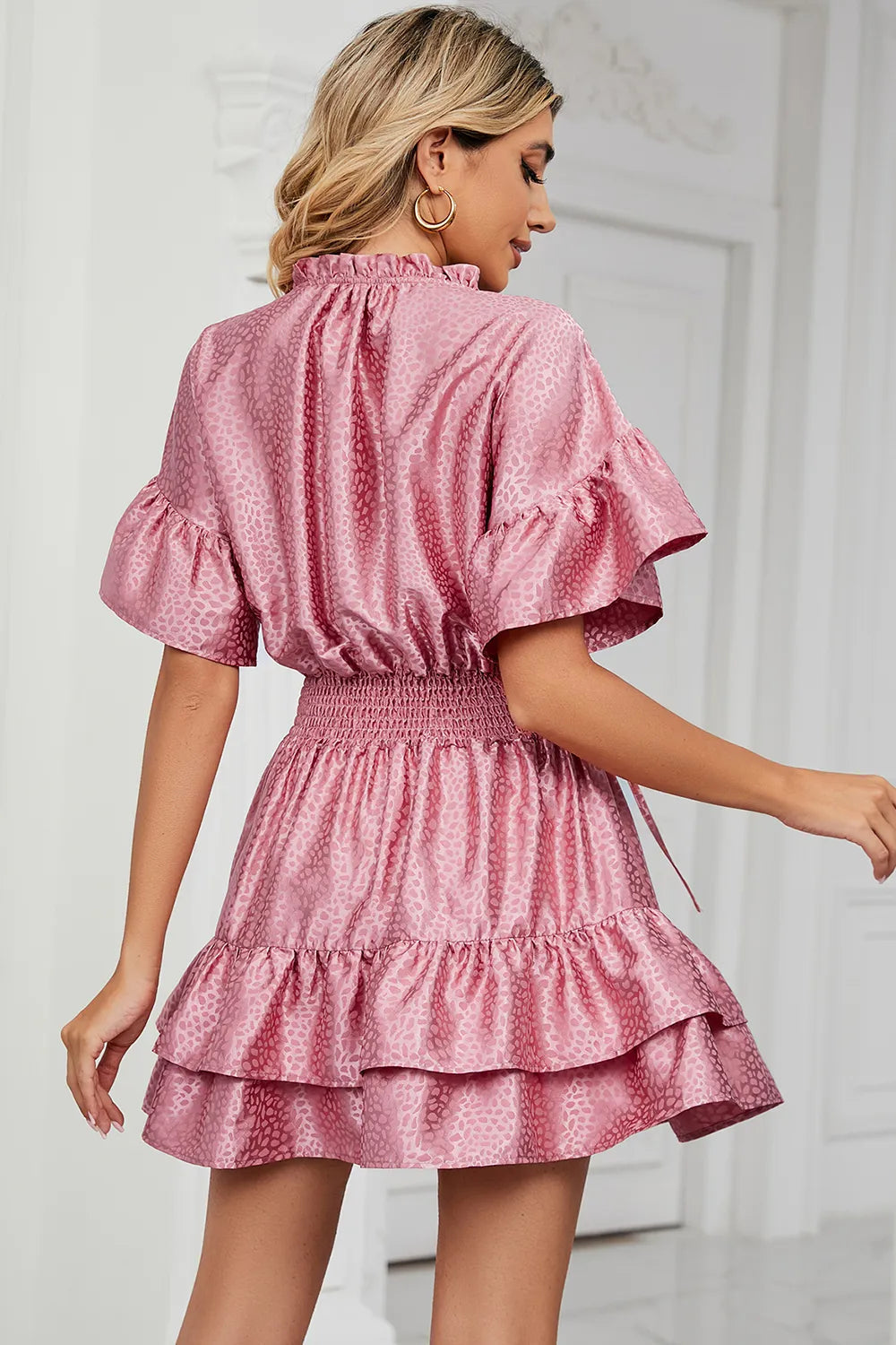 Solid color waist cinching loose V-neck lotus leaf dress for women - Korvel