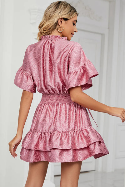 Solid color waist cinching loose V-neck lotus leaf dress for women - Korvel