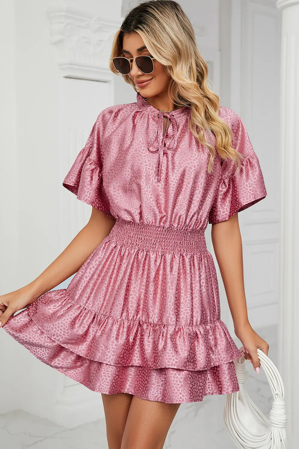 Solid color waist cinching loose V-neck lotus leaf dress for women - Korvel