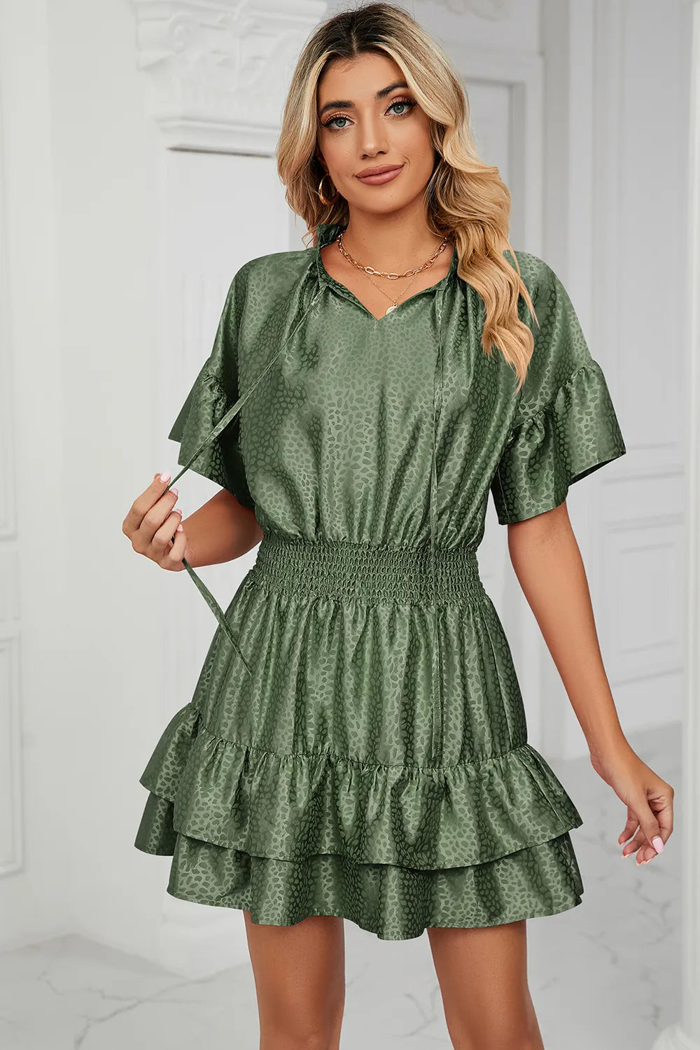 Solid color waist cinching loose V-neck lotus leaf dress for women - Korvel